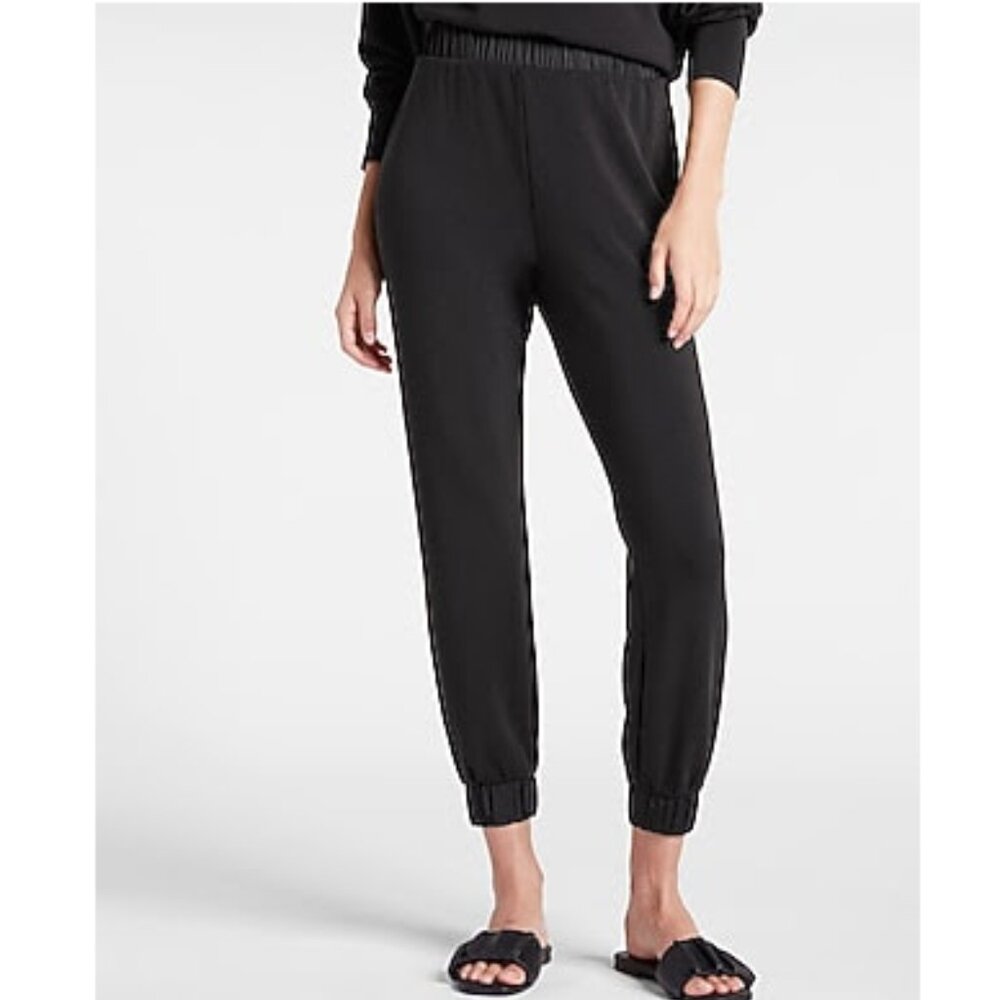 Express Black Sueded Scuba Satin Jogger and Cropped Sweatshirt 2 Piece Set, SM